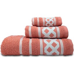 briebe Home Juego de Toallas Baño 100% algodón Rizo 450gr, Set 3 Piezas, Amazonica Basic, 3 Tamaños Ducha Sábana, Manos, Tocador, Cenefa Rombos Bordada, Hecho en Portugal, Coral