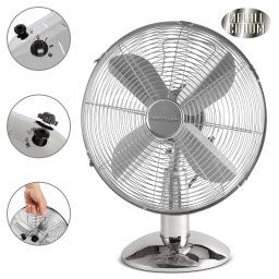 Proficare VL 3062M Ventilador de Mesa, Silencioso, Retro, Diámetro Exterior 25 cm , 3 Velocidades, Oscilante, Diseño Vintage, Cuerpo Cromado Metálico, 30W