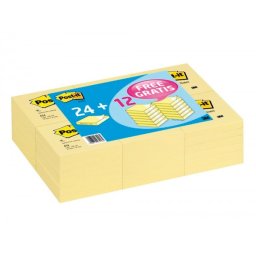 Bloc de notas adhesivas quita y pon post-it 76x76 mm pack promocional 24+12 unidades