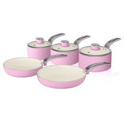 Swan Retro SWPS5020PN Batería Cocina Inducción 5 Piezas, 3 Cazos + 2 Sartenes, Aluminio Prensado, Antiadherente Cerámica sin PFOA y PTFE, Tapas Vidrio, Apta para todas las Cocinas, Vintage, Rosa