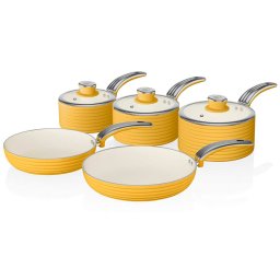 Swan Retro SWPS5020YELN Batería Cocina Inducción 5 Piezas, 3 Cazos + 2 Sartenes, Aluminio Prensado, Antiadherente Cerámica sin PFOA y PTFE, Tapas Vidrio, Apta para todas las Cocinas, Vintage, Amarillo