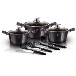 Berlinger Haus Carbon Pro Batería Cocina Inducción 10 Piezas, Antiadherente Mármol sin PFOA, Aluminio, Set 3 Cazuelas 3 Tapas Cristal, 4 Utensilios de Cocina, Diseño Metallic Line, Vitrocerámica