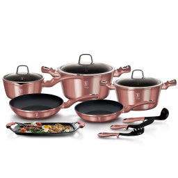 Berlinger Haus I-Rose Batería Cocina Inducción 12 Piezas, Antiadherente Titanio sin PFOA, Aluminio, Set 2 Cazuelas, 3 Tapas Cristal, 1 Cazo, 1 Plancha, 2 Sartenes, 3 Utensilios, Diseño Moderno, Vitro