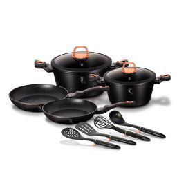 Berlinger Haus Black Rose Batería Cocina Inducción 10 Piezas, Antiadherente Mármol sin PFOA, Aluminio, Set 2 Cazuelas, 2 Tapas Cristal, 2 Sartenes , 4 Utensilios, Diseño Moderno, Vitrocerámica, Gas