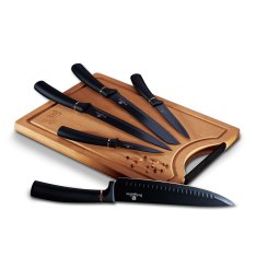 Berlinger Haus Black Rose Juego 5 Cuchillos Cocina Profesional Tabla Cortar Bambú, Hoja Acero Inoxidable Recubrimiento Antiadherente, Cocinero, Cebollero, Pan, Rebanador, Pelar, Diseño Elegante