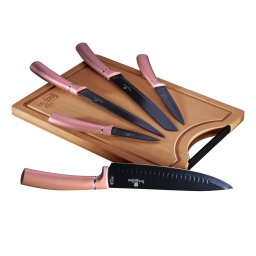Berlinger Haus I-Rose Juego 5 Cuchillos Cocina Profesional Tabla Cortar Bambú, Hoja Acero Inoxidable Recubrimiento Antiadherente, Cocinero, Cebollero, Pan, Rebanador, Pelar, Diseño Elegante