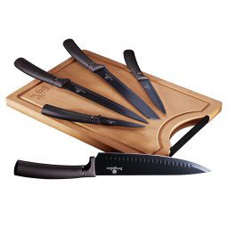Berlinger Haus Carbon Pro Juego 5 Cuchillos Cocina Profesional Tabla Cortar Bambú, Hoja Acero Inoxidable Recubrimiento Antiadherente, Cocinero, Cebollero, Pan, Rebanador, Pelar, Diseño Metallic Line