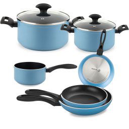 Fagor Maxima Batería Cocina Inducción 8 Piezas Set 2 Cazuelas 20-24 cm, 2 Tapas Cristal, 3 Sartenes 20-24-28 cm, Cazo 16 cm Aluminio Forjado, Antiadherente sin PFOA, Apta Todas Las Cocinas, Azul