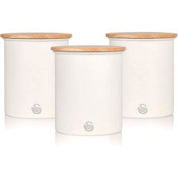 Swan Nordic Juego de 3 Botes Cocina Almacenaje de Acero al Carbono Resistente, Tapa de Bambú, Para Guardar Té, Café y Azúcar, Diseño Moderno, Blanco