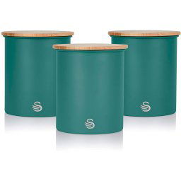 Swan Nordic Juego de 3 Botes Cocina Almacenaje de Acero al Carbono Resistente, Tapa de Bambú, Para Guardar Té, Café y Azúcar, Diseño Moderno, Verde