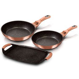 Berlinger Haus Rose Gold Juego 2 Sartenes 22-26cm y Plancha Asar Inducción 36x23cm, Aluminio Forjado, Antiadherente Ecológico Marmol sin PFOA, Diseño Metallic Line, Asas Silicona, Vitrocerámica, Gas