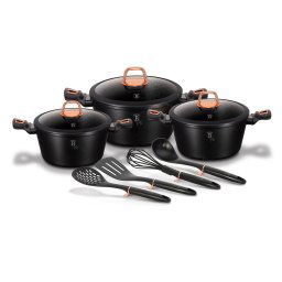 Berlinger Haus Black Rose Batería Cocina Inducción 10 Piezas, Antiadherente Mármol sin PFOA, Aluminio, Set 3 Cazuelas 20-24-28cm, 3 Tapas Cristal, 4 Utensilios, Diseño Moderno, Vitrocerámica, Gas