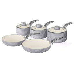 Swan Retro SWPS5020GRN Batería Cocina Inducción 5 Piezas, 3 Cazos + 2 Sartenes, Aluminio Prensado, Antiadherente Cerámica sin PFOA y PTFE, Tapas Vidrio, Apta para todas las Cocinas, Vintage, Gris