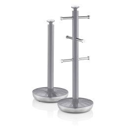 Swan Retro Set Porta Rollos Papel de cocina + Soporte para 6 Tazas Café o Té, Acero Inoxidable Alta Calidad Estables y Duraderos, Diseño Vintage, Gris