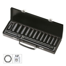 JBM 52346 Set de 15 piezas de impacto con 12 vasos largos de 1/2" hexagonales + adaptadores