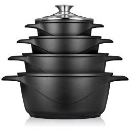 briebe MGK-12 Batería Cocina Inducción 8 Piezas, Juego 4 Ollas Aluminio Fundido, Antiadherente ILAG GRANITEC sin PFOA, Set Cazuelas Tapas Cristal, Guantes Silicona, Vitrocerámica, Gas, Horno