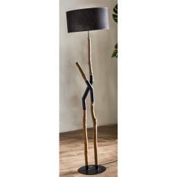 Lampara Pie Madera Teca y Acero Negro Tulipa Negra Galileo