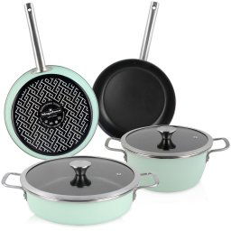 Magefesa Nordic Batería Cocina Inducción 6 Piezas, Antiadherente Libre PFOA Esmalte Exterior Verde Menta, Set Cazuelas Tapa Vidrio, Sartenes, Herrajes Inox Satinados, Retro Estilo Vintage