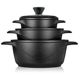 briebe MGK-18S Batería Cocina Inducción 6 Piezas, Juego 3 Ollas Aluminio Fundido, Antiadherente ILAG GRANITEC sin PFOA, Set Cazuelas Tapas Cristal, Guantes Silicona, Vitrocerámica, Gas, Horno