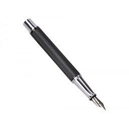 Pluma y estuche belius turbo aluminio textura punteada color negro y plateado tinta azul caja de diseño
