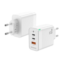 Aisens ASCH-65W3P007-W Cargador GaN de Pared 2x USB Tipo-C/ 1x USB 65W Blanco