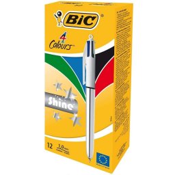 Bic Shine 4 Colores Caja 12 Bolígrafos Retráctiles Cuerpo Plata