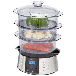 Bomann DG 2286 - Vaporera eléctrica, 3 recipientes, pantalla LCD, 800 W, color plateado