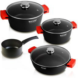 WECOOK Ecostone Batería de Cocina inducción 4 Piezas de Aluminio Fundido 3 Capas Antiadherente sin PFOA, Set cazuelas Tapa Cristal, Asas Silicona, 5mm Espesor, lavavajillas, vitroceramica, Gas, Horno …