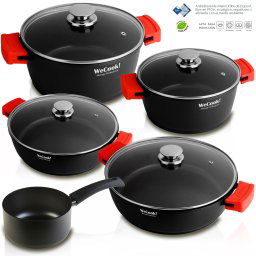 WECOOK Ecostone Batería de Cocina inducción 5 Piezas Aluminio Fundido 3 Capas Antiadherente sin PFOA, Set cazuelas Tapa Cristal, Asas Silicona, 5mm Espesor, lavavajillas, vitroceramica, Gas, Horno …