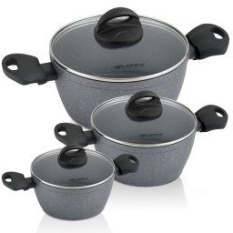 Florina Lava Stone Batería Cocina Inducción, Set Cazuelas 20-24-28 cm Aluminio, 6 Piezas, 3 Ollas Altas, Tapa de Cristal, 5 Capas Antiadherente Ecológico Piedra de Lava sin PFOA, Vitrocerámica, Gas
