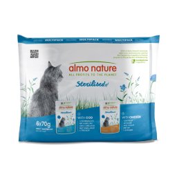 Almo Nature Functional Sterilised - Pack mixto 12 x 70 g: 6 x Pollo y 6 x Bacalao