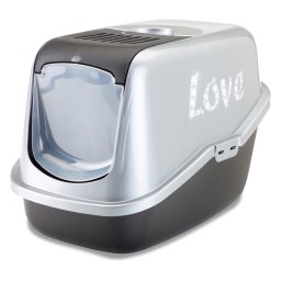 Arenero cubierto Savic Nestor Impression Love para gatos - Plata y negro con diseño "Love