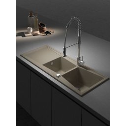 POALGI Fregadero sobre encimera KUMA 120 2C+E ALBERO, Dos cubetas, con escurridor, Crema, acabado sintético Mueble 80 cm