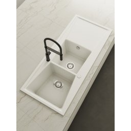 POALGI Fregadero sobre encimera KUMA 120 2C+E BLANCO, Dos cubetas, con escurridor, Blanco, acabado sintético Mueble 80 cm