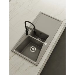 POALGI Fregadero sobre encimera KUMA 100 1C+1/2+E CONCRET, Una cubeta y media, Silver, acabado sintético Mueble 70 cm
