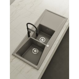 POALGI Fregadero sobre encimera KUMA 120 2C+E CONCRET, Dos cubetas, con escurridor, Silver, acabado sintético Mueble 80 cm