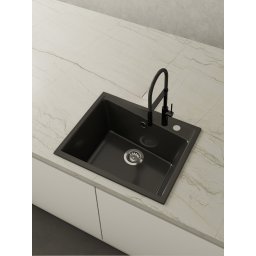 POALGI Fregadero sobre encimera KUMA 60 1/S NEGRO LISO, Una cubeta, Negro, acabado sintético Mueble 60 cm