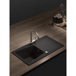 POALGI Fregadero sobre encimera KUMA 86 1/S+E NEGRO LISO, Una cubeta, con escurridor, Negro, acabado sintético Mueble 50 cm