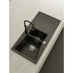 POALGI Fregadero sobre encimera KUMA 100 1C+1/2+E NEGRO LISO, Una cubeta y media, Negro, acabado sintético Mueble 70 cm
