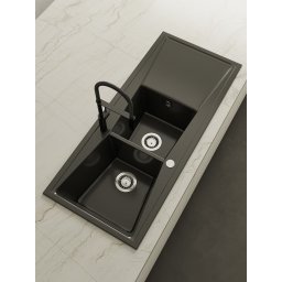 POALGI Fregadero sobre encimera KUMA 120 2C+E NEGRO LISO, Dos cubetas, con escurridor, Negro, acabado sintético Mueble 80 cm