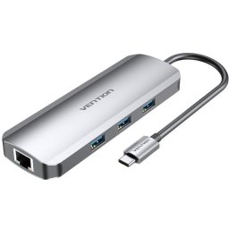 Vention TOLHB Docking USB-C a 1x HDMI / 3x USB 3.0 / 1x USB-C PD 100W / 1x RJ45 / 1x Jack 3.5 Gris