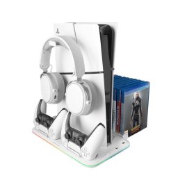 Mars Gaming MPS5-B2 Soporte Neón RGB PS5 Slim Estándar y Digital con Cargador Doble de Mandos Blanco
