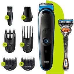 Braun MGK 5245 Recortadora 7 en 1, Máquina recortadora barba y cortapelos, recortadora para pequeños detalles, color negro/azul