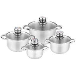 Florina Pablo Batería de Cocina Acero Inoxidable, 8 Piezas, Inducción, 4 Cacerolas, 4 Tapas de Cristal con Termómetro, Apta Para Todo Tipo de Cocinas, Apta Lavavajillas