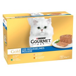 Gourmet Gold Mousse 24 x 85 g - Pack mixto carne y pescado (conejo, pollo, salmón riñón)