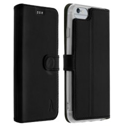Akashi Funda Libro de Piel Genuina Negra para iPhone 6/6S/7/8