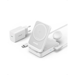 Anker MagGo Cargador Inalámbrico iPhone 3 en 1 Soporte de Carga 15 W Qi2 + Cargador Blanco