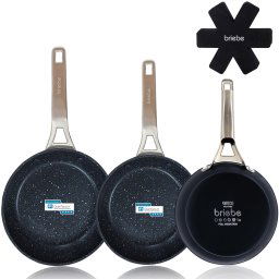 briebe Black Titanium Juego de 3 Sartenes Antiadherentes Inducción Titanio 20-24-28cm, Aluminio Forjado, Recubrimiento sin PFOA, Mango Profesional Acero Inox, Vitrocerámica, Gas, 3 Protectores
