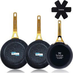 briebe Gold Titanium Juego de 3 Sartenes Antiadherentes Inducción Titanio 18-20-24cm, Aluminio Forjado Recubrimiento sin PFOA, Mango Profesional Acero Inox, Vitrocerámica, Gas, 3 Protectores