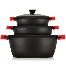 briebe Black Titanium Batería Cocina Inducción 6 Piezas Antiadherente Titanio, Juego 3 Ollas Aluminio Fundido sin PFOA, Set Cazuelas Tapas Cristal, Asas Silicona Extraíbles, Vitrocerámica, Gas, Horno